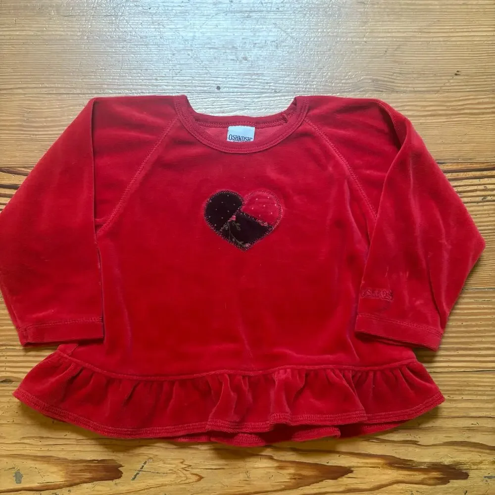 OshKosh B'gosh‎ red velvet heart Valentine long sleeve peplum baby top SIZE 24M